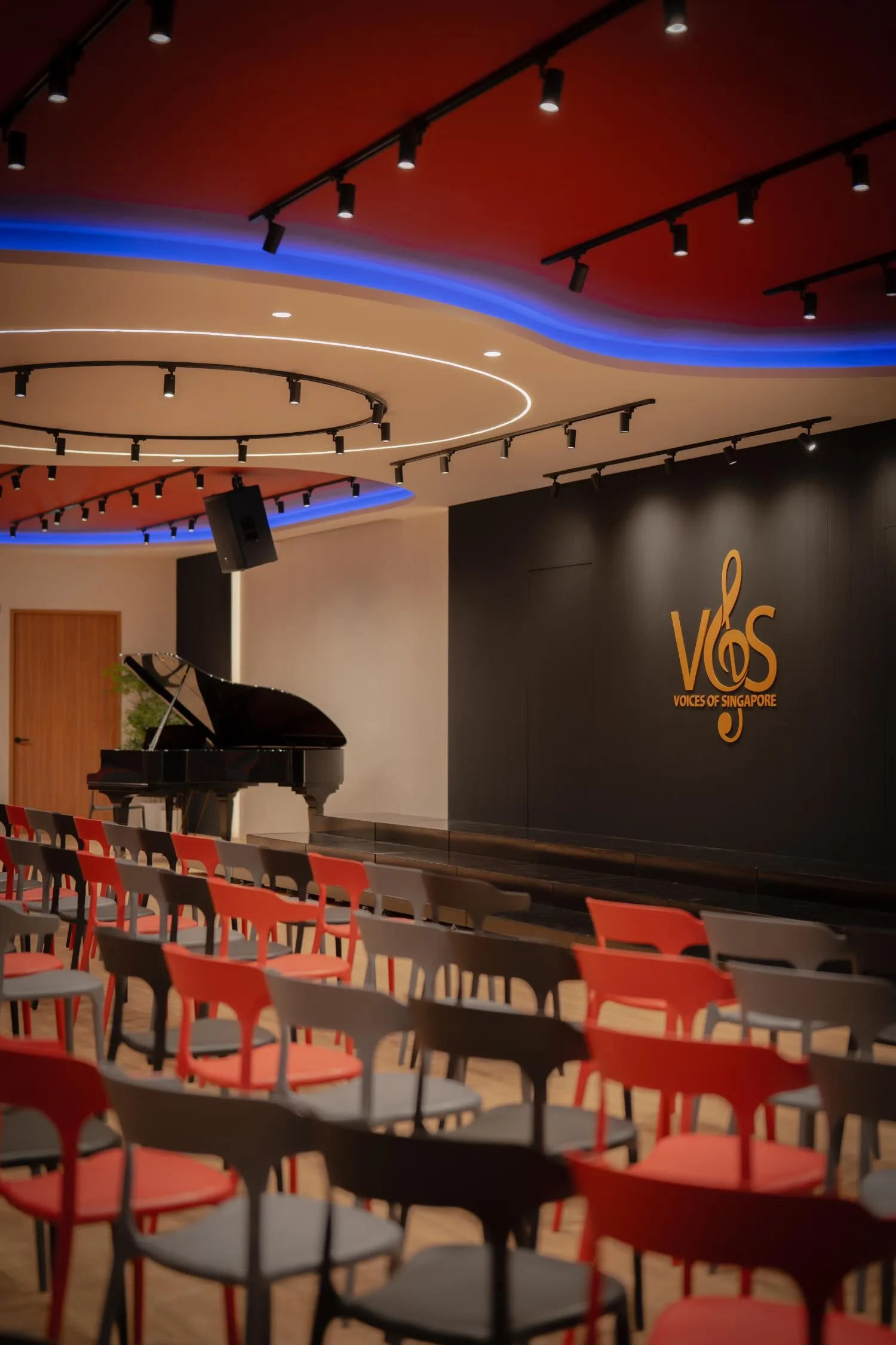 Recital hall interior with acoustic panels