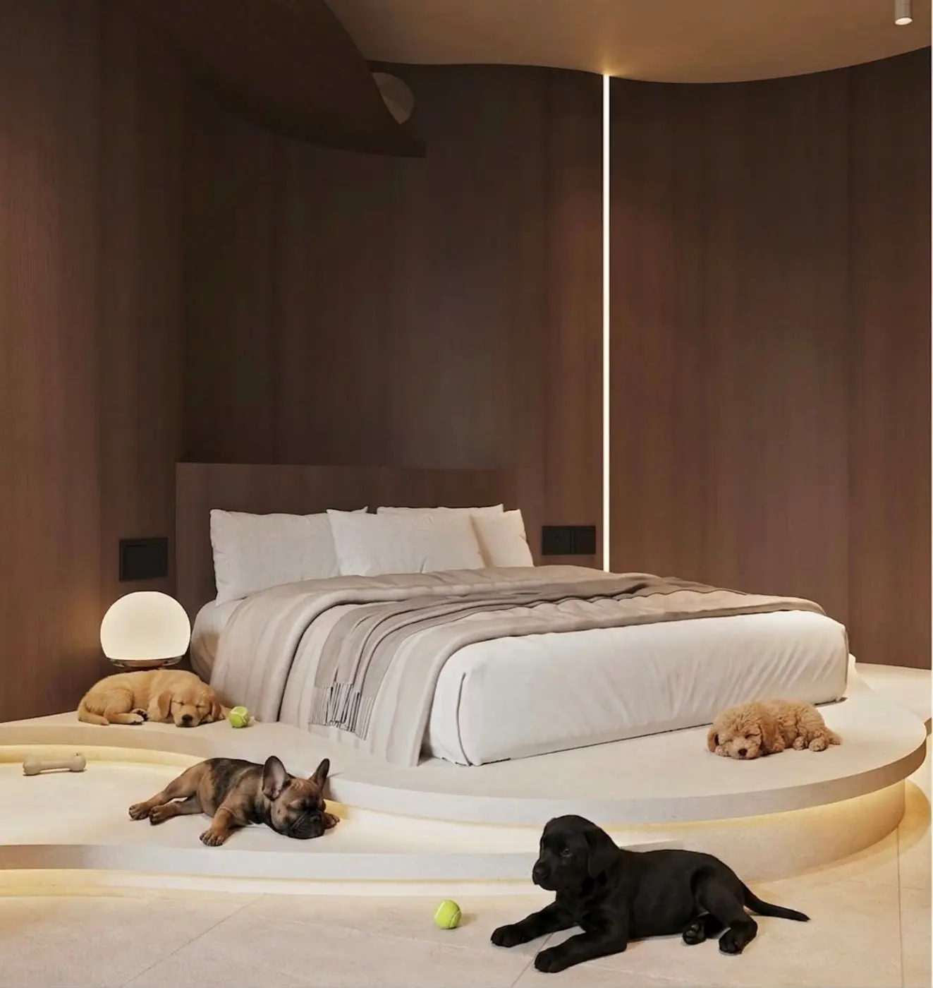 Master bedroom platform with pets resting