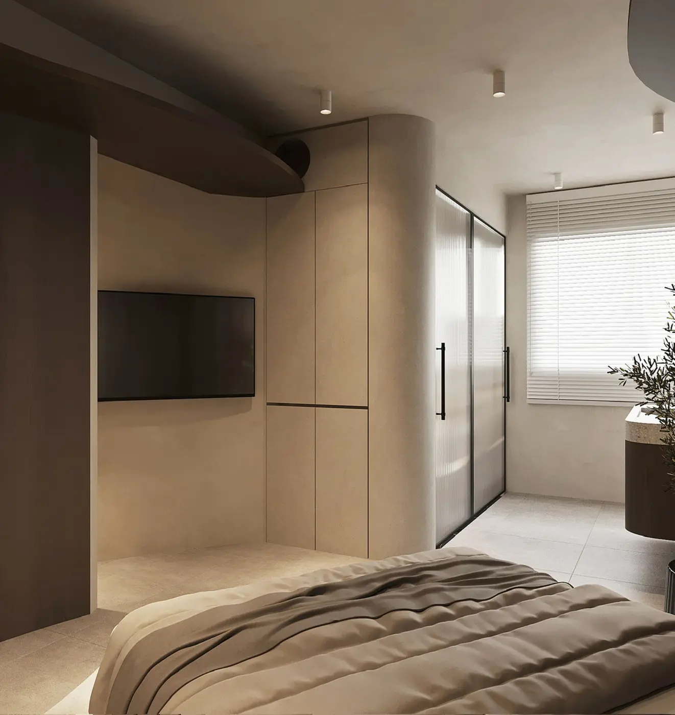 Master bedroom with curved walls and frosted glass panels