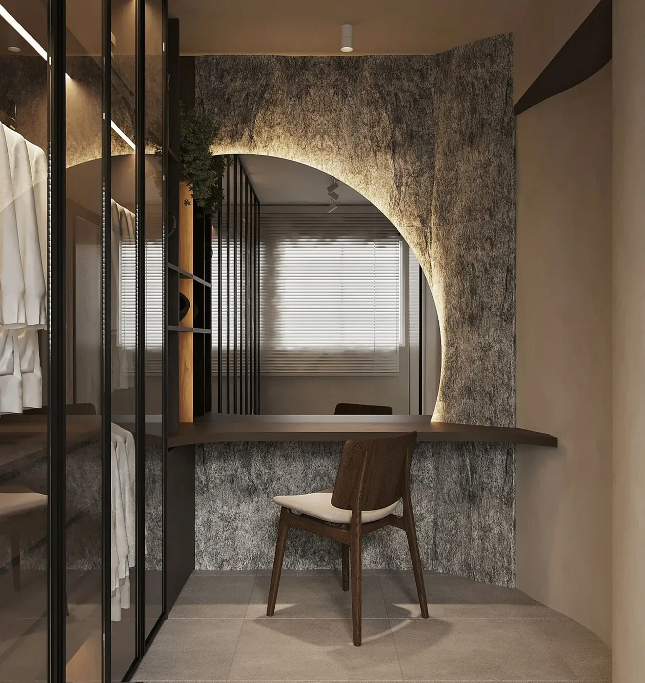 Dressing nook with raw stone arch and concealed wardrobe door