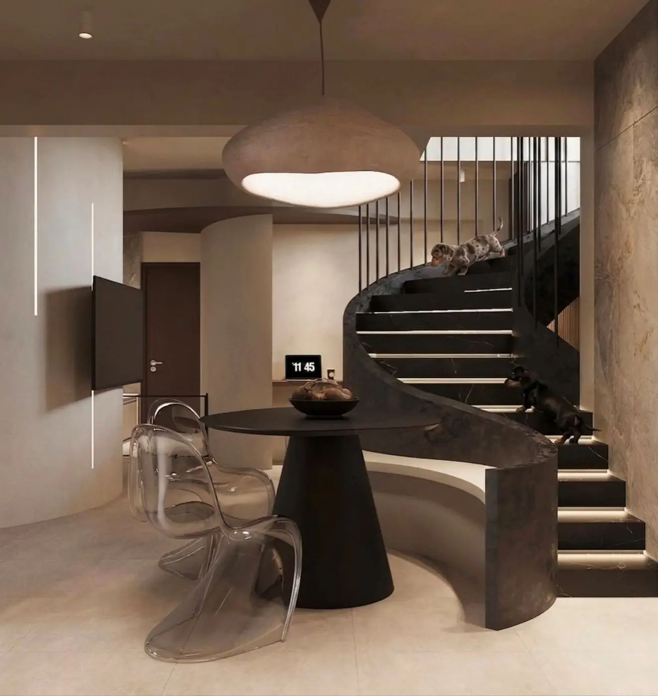 Living area with curved staircase, transparent dining chairs and warm organic pendant