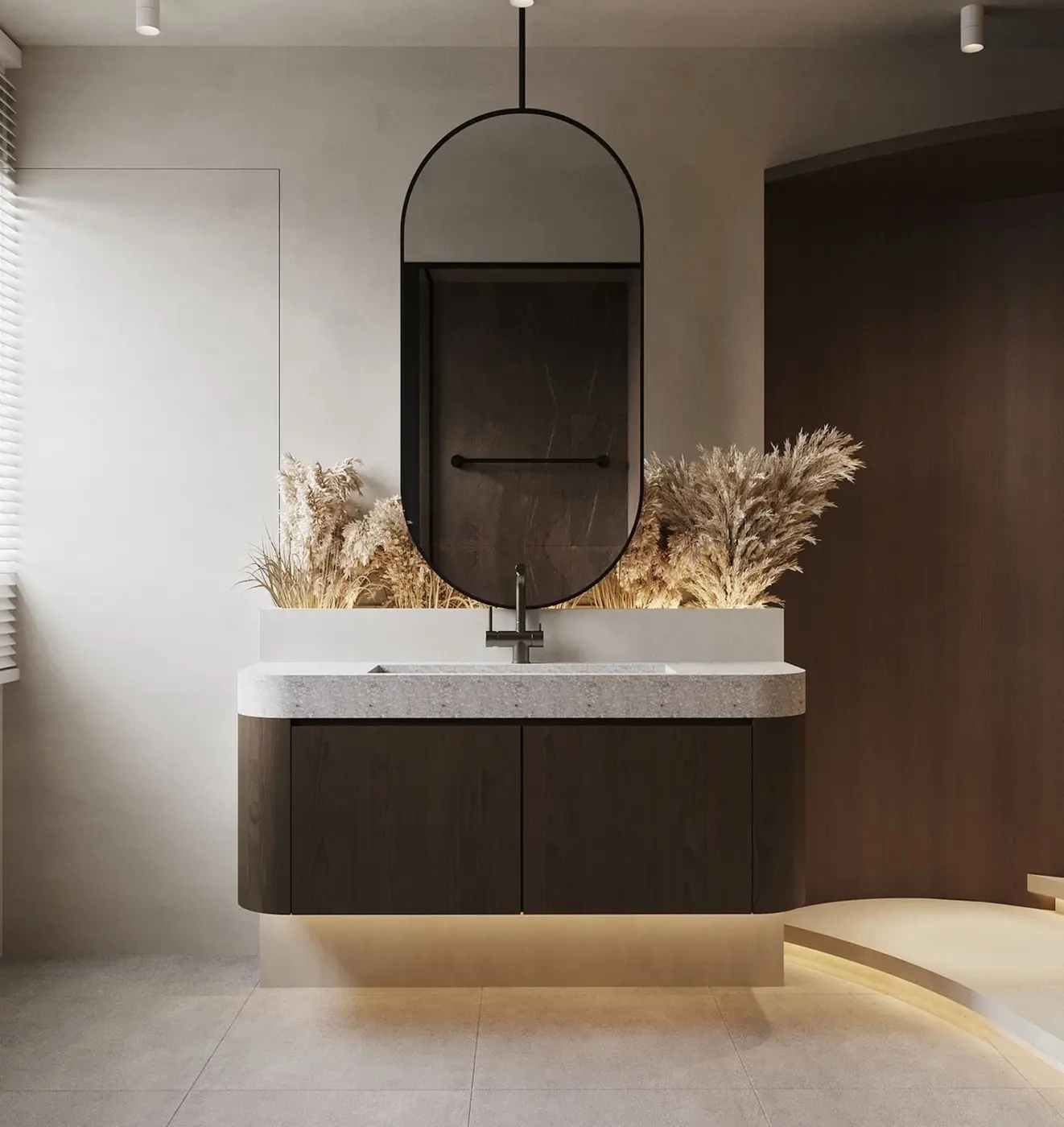 Open vanity outside bathroom with pampas grass and oval mirror