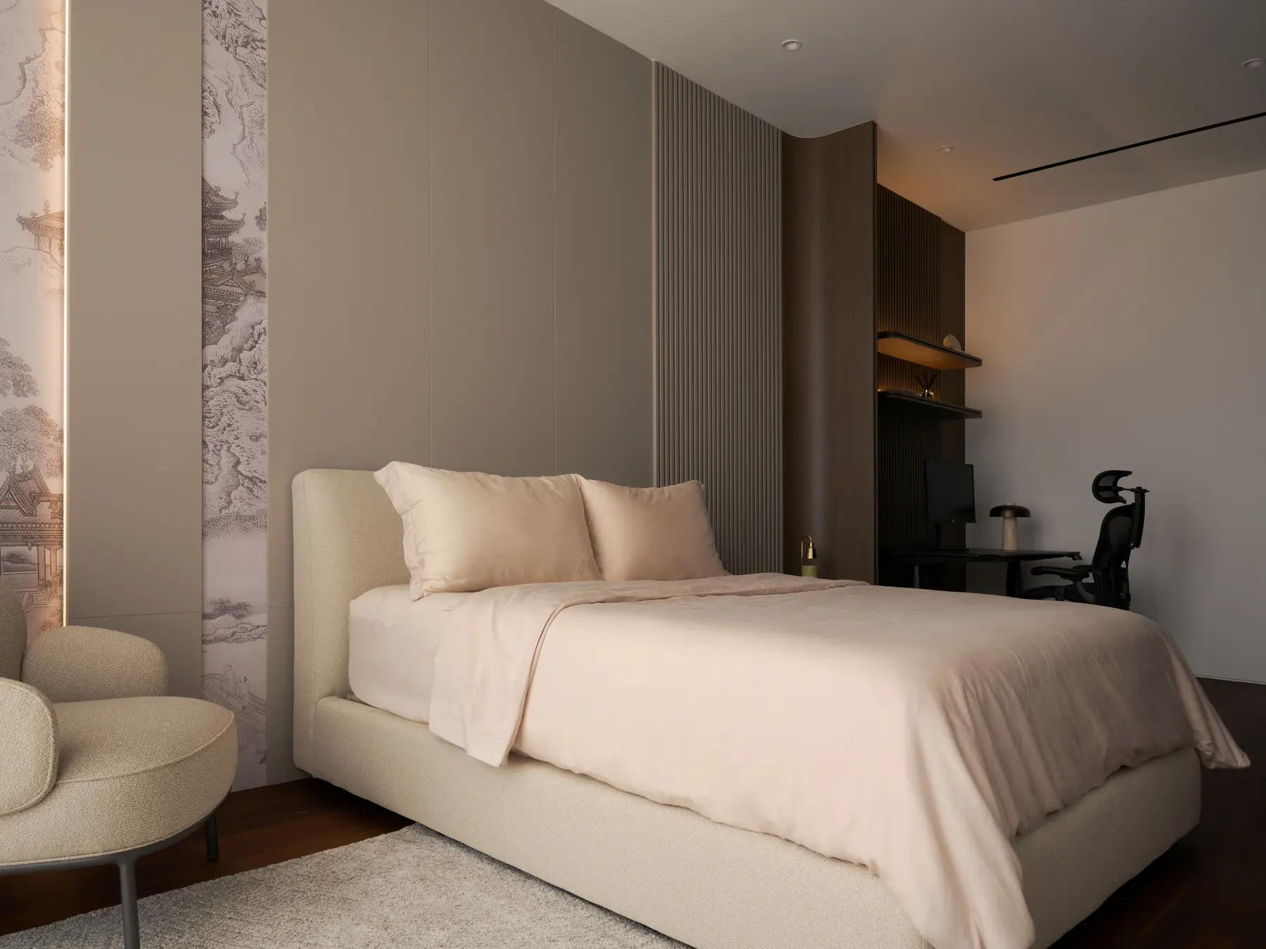 Guest bedroom — Chinese ink landscape mural, blush linen and boucle armchair