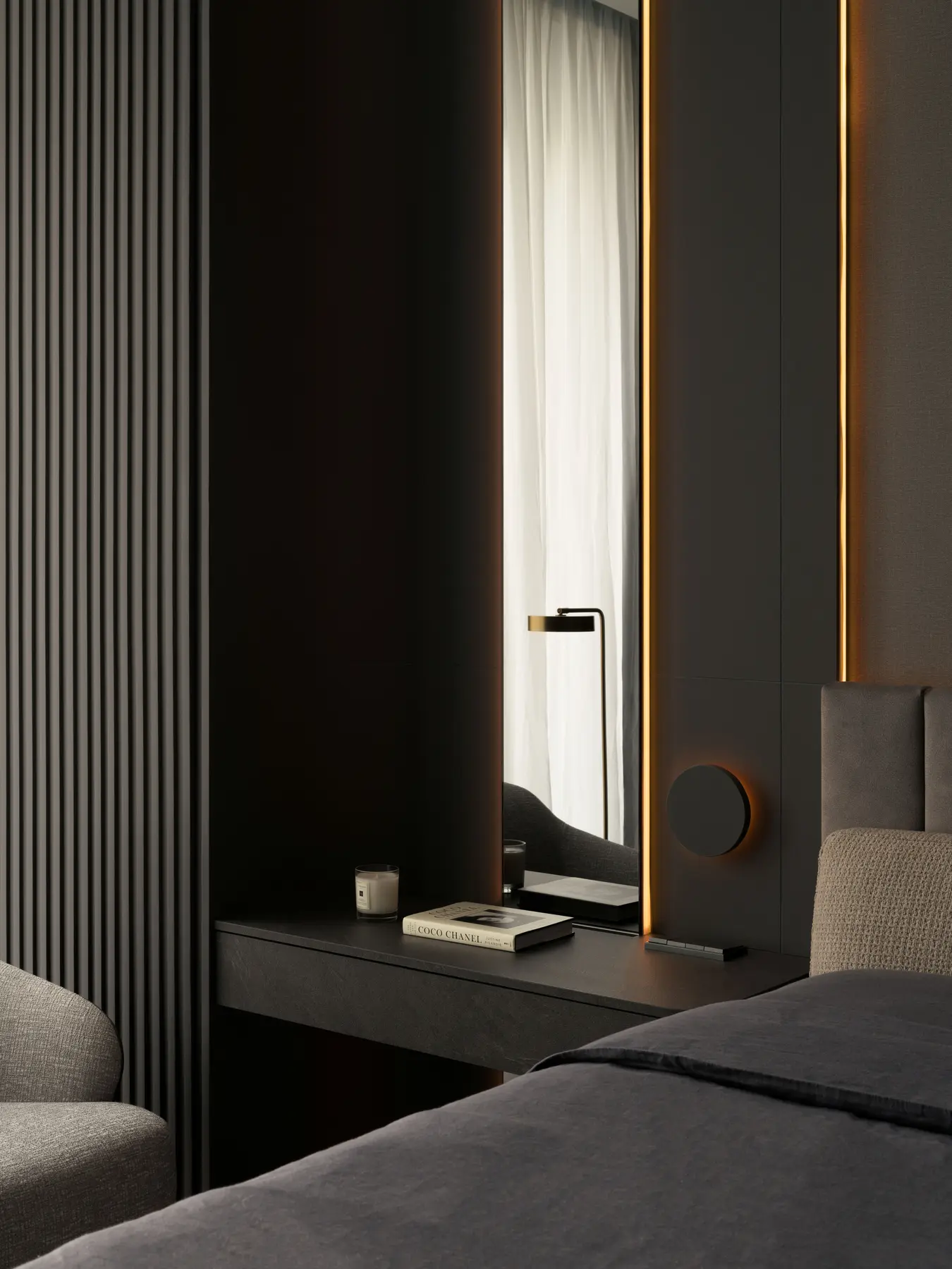 Master bedroom bedside — slim console and full-length mirror in its amber frame