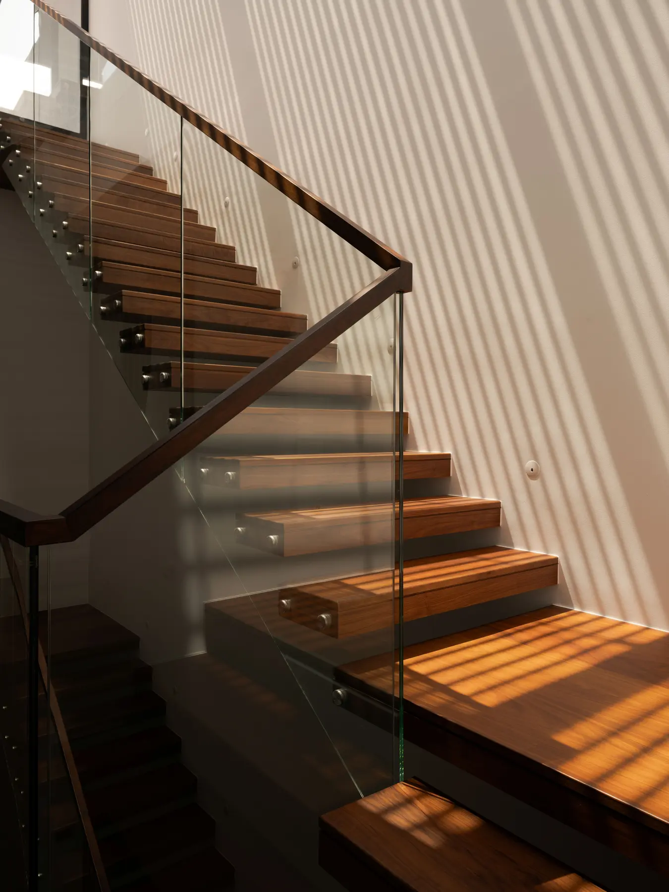 Staircase — timber treads with glass balustrade catching afternoon light