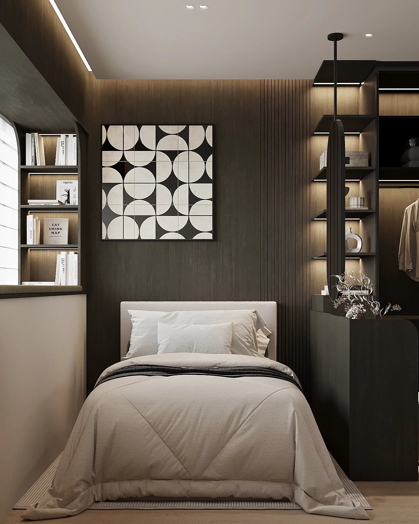 A room with a single bed — fluted dark timber panelling, integrated bookshelf, geometric artwork and illuminated wardrobe section