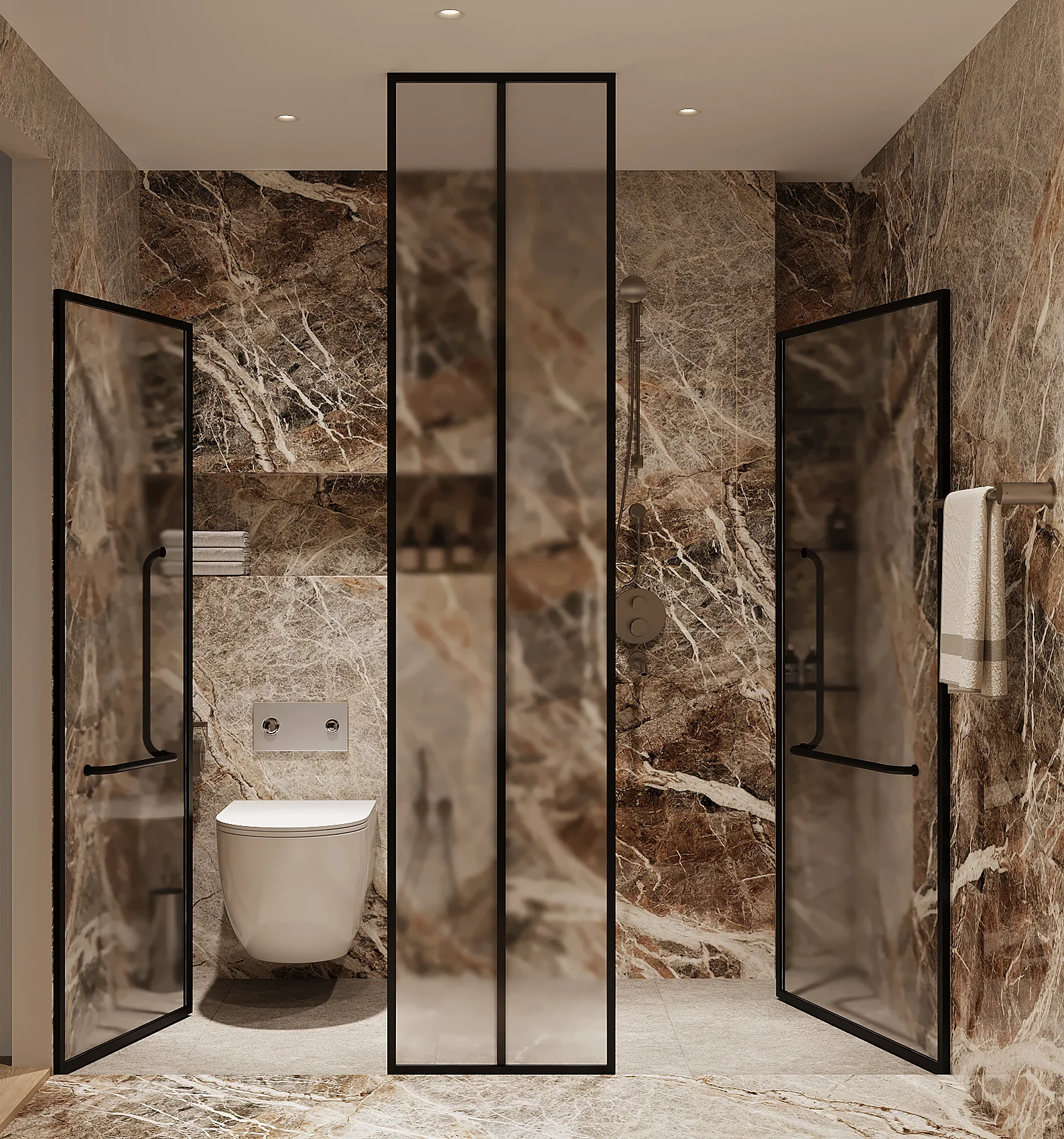 Shower enclosure — slim black-framed glass partitions against richly veined stone-effect walls, wall-mounted fixtures and built-in recesses
