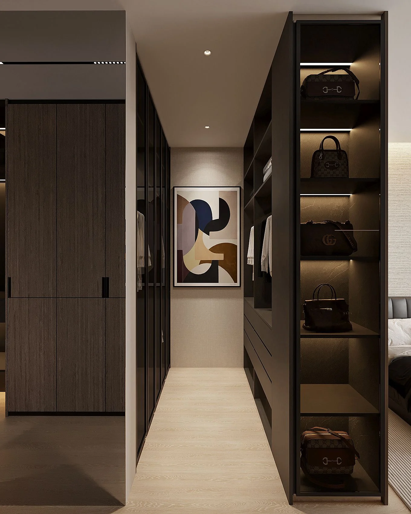 Dressing corridor — full-height glass-fronted wardrobes, illuminated open shelving displaying accessories, geometric artwork at the far end