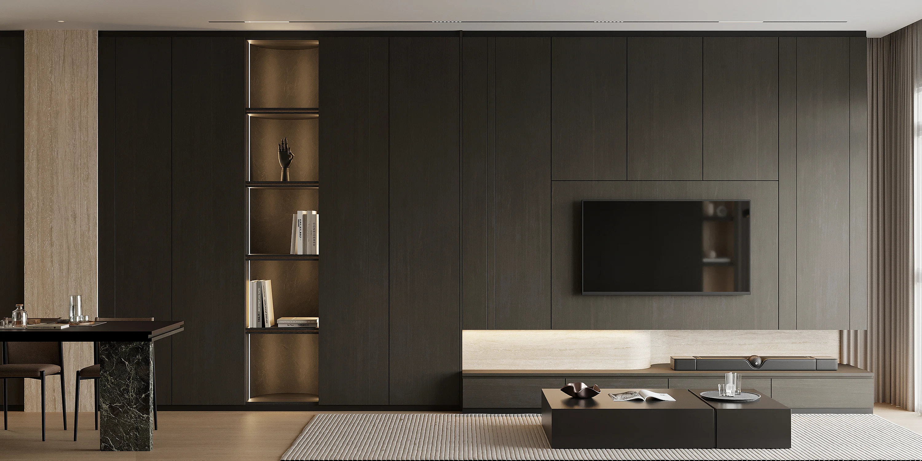 Full-height storage wall — illuminated display niches, concealed cabinetry and integrated television recess