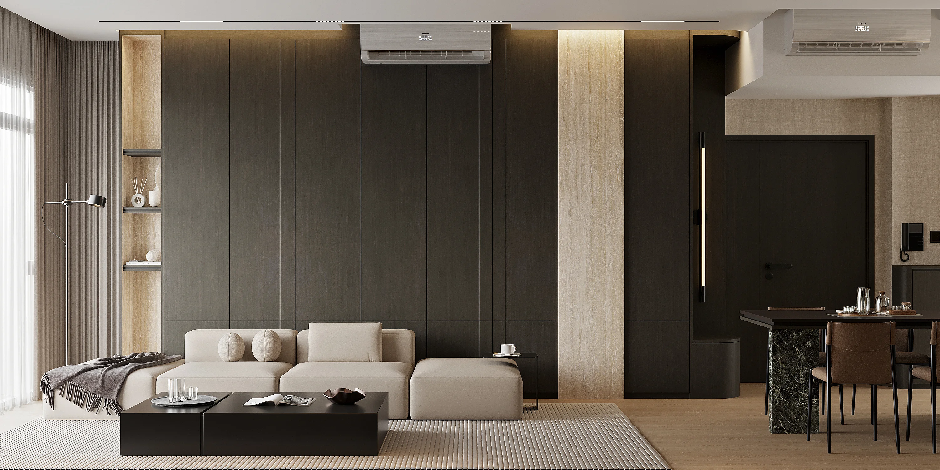 Living room — low-profile modular sofa, dark coffee table, full-height dark timber joinery wall and open pantry island visible at right