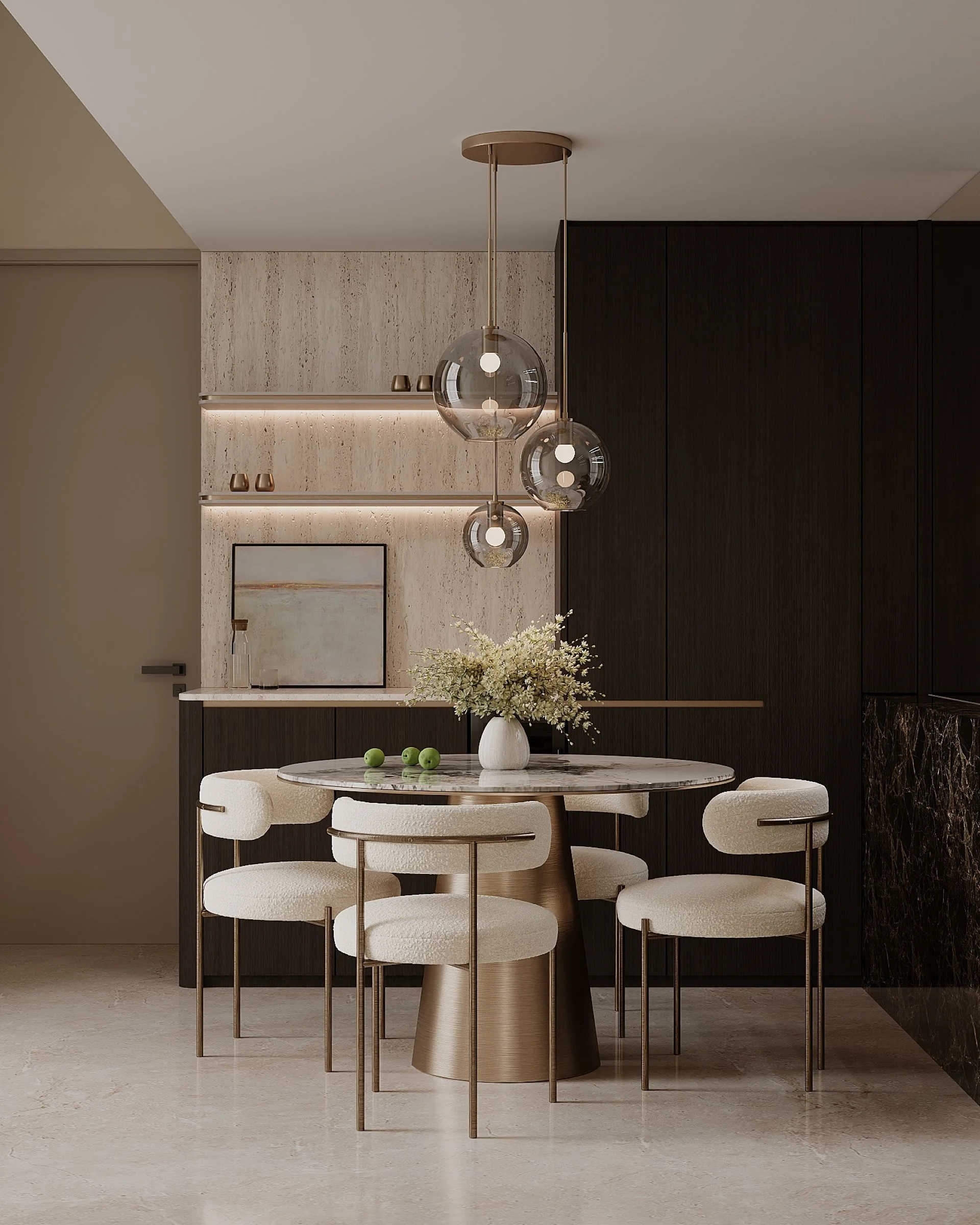 Dining area — round travertine-topped table, bouclé chairs, white vase with gypsophila and dark timber backdrop