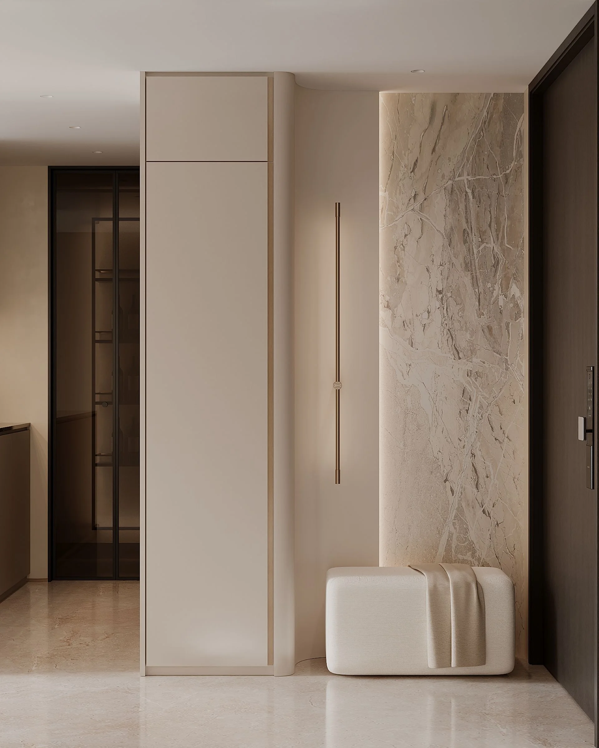 Foyer entry — stone-effect column, pendant globe light, warm linen wall panel and wardrobe