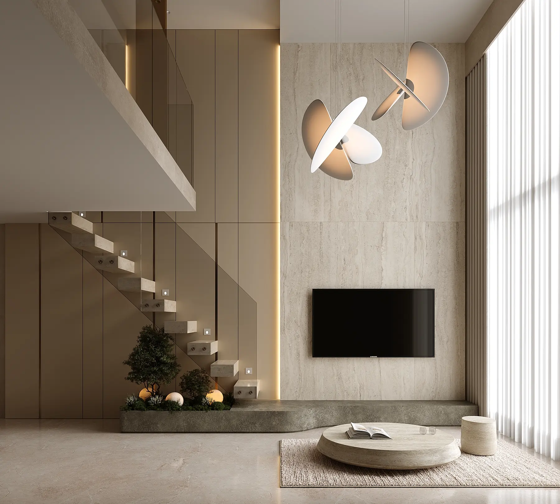 Double-volume living area — floating travertine staircase, bonsai landscape below, TV wall and sheer curtains