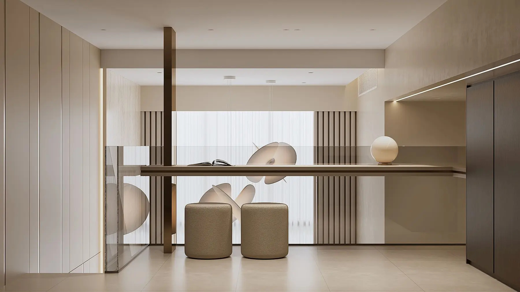 Loft study — floating desk anchored to bronze structural column, two poufs and open shelving