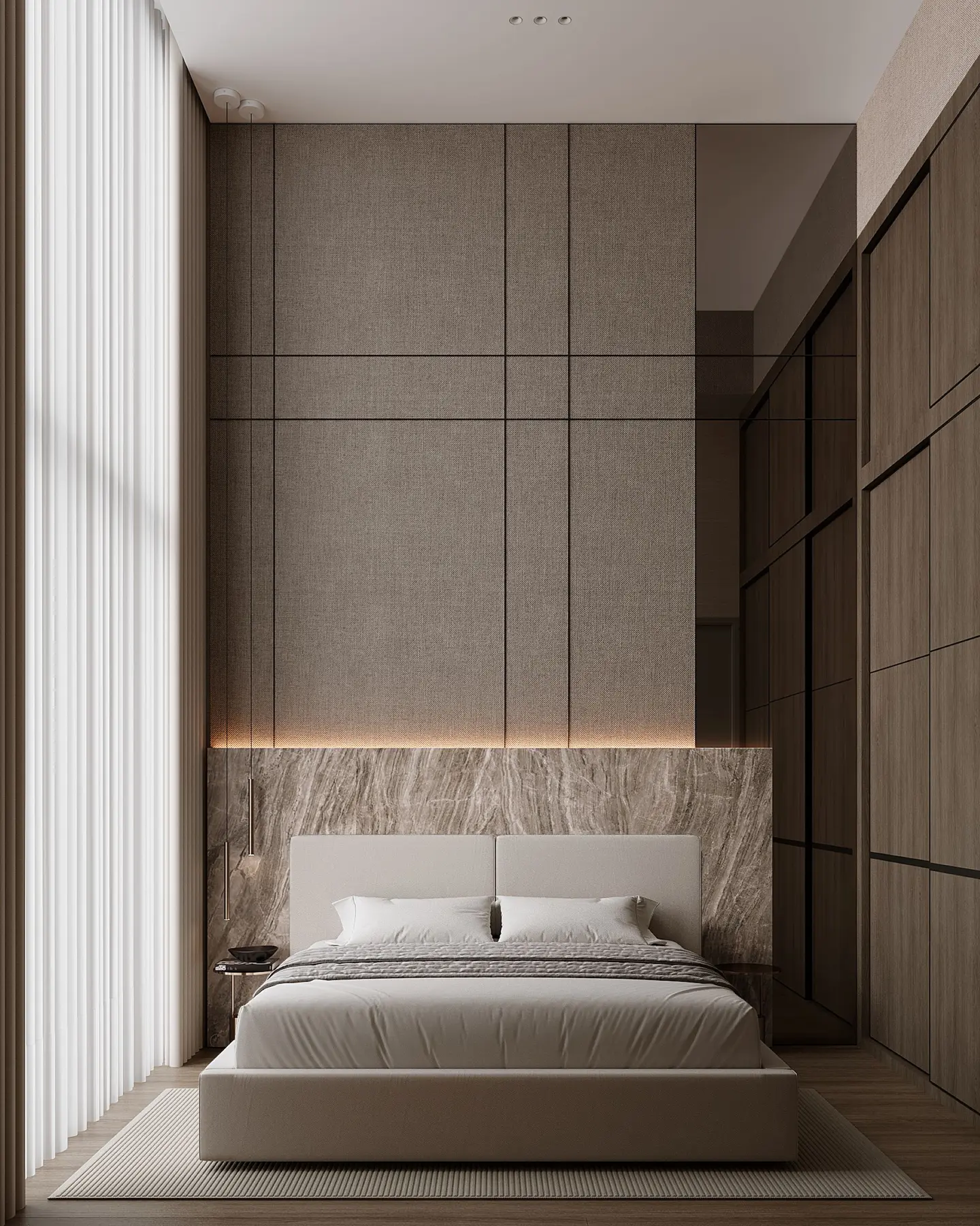 Master bedroom — full-height fabric wall panels, travertine ledge and lit wardrobe tower beside floor-to-ceiling window